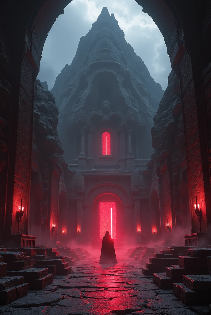 The Inside of an ancient Sith temple from Star Wars, on top of a dark mountain, there are many books and graves of important dead Sith, majestic, dark atmosphere, frightening, scary, red lightsaber, ultra-realistic