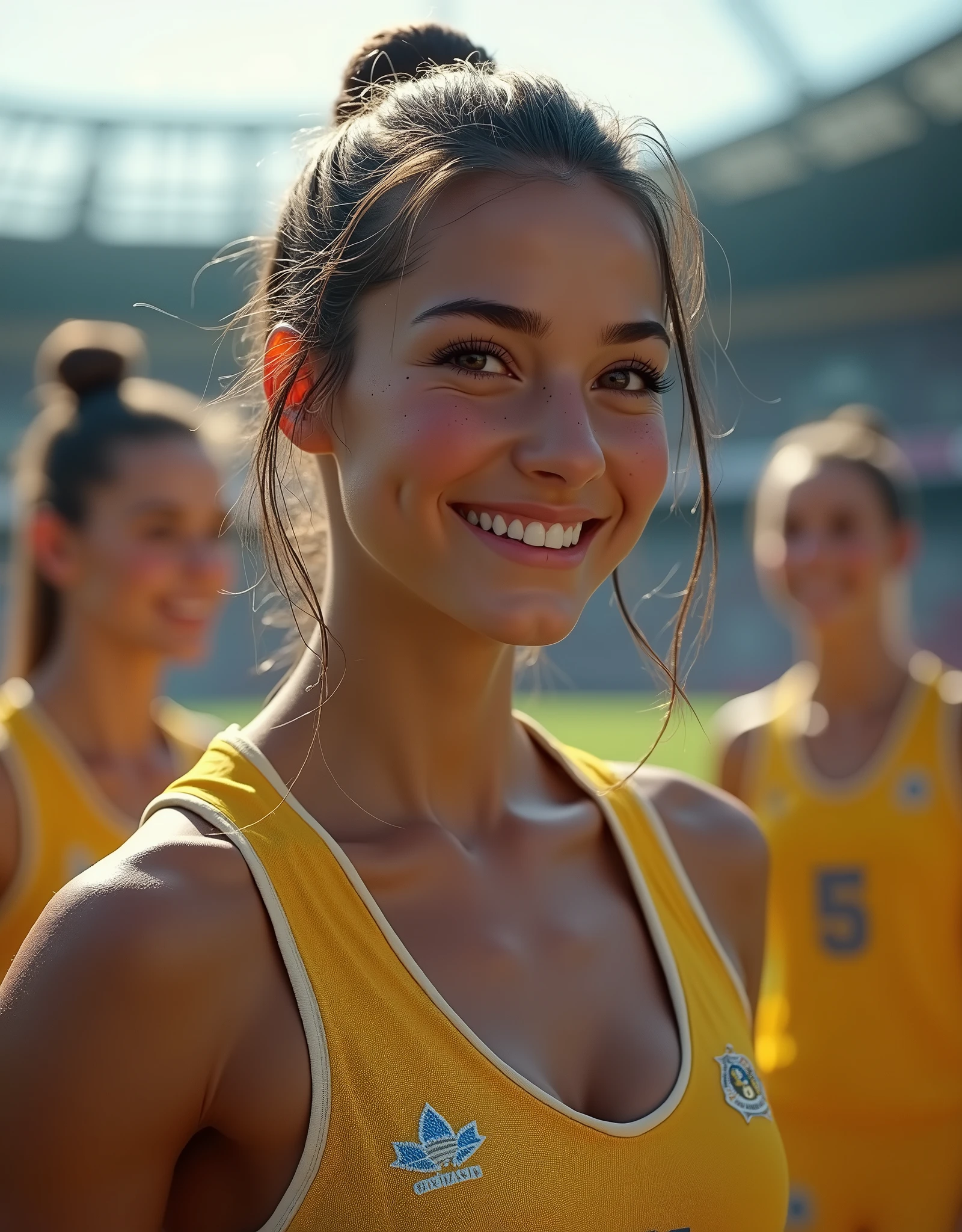 ExtremelyDetailed (((Athletes Team Girls in a row:1.4))), Childish perfect face, Reflective Eyes, Detailed(Delicate massif-Clothing textures), Corrected Leg to Foot Line, Corrected Perfect Hand, Dynamic Joyful Expressions LifeLike Rendering, ((Specular Reflection:1.28)), TopQuality, Ultra-detailed masterpiece (ProfessionalPhoto:1.37)(Acutance:0.8),(Luminism:1.22), ((Changing Clothes Exposed Underwear)), unparalleled (textured skin), insane best quality, gorgeous beautiful girl, (a female soccer athlete), detailed clothes, large breasts, narrow waist, (beautiful face), cinematic lighting, (at soccer venue), hyper realistic, photorealistic, volumetric lighting, natural skin texture, intricate details, high definition, studio lighting, beautiful eyes, sharp focus, physically-based rendering,(insane unrealengine5,epic tMasterpiece,max best quality, ultra-highdef,XT3,ultra-highres),ultra-detailed,ultra sharp focus, naked, varies,multi, etc. --v 6 --s 1000 --c 20 --q 500 --chaos 100