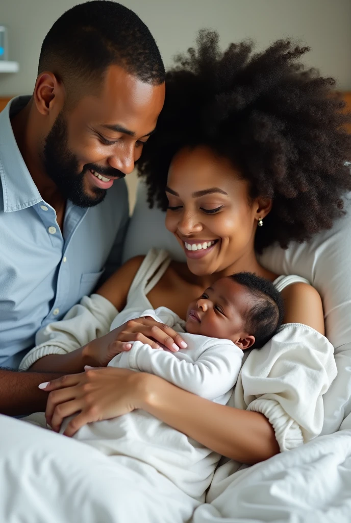 Create a realistic photo of a "white couple" having new born "black African baby" in hospital bed.