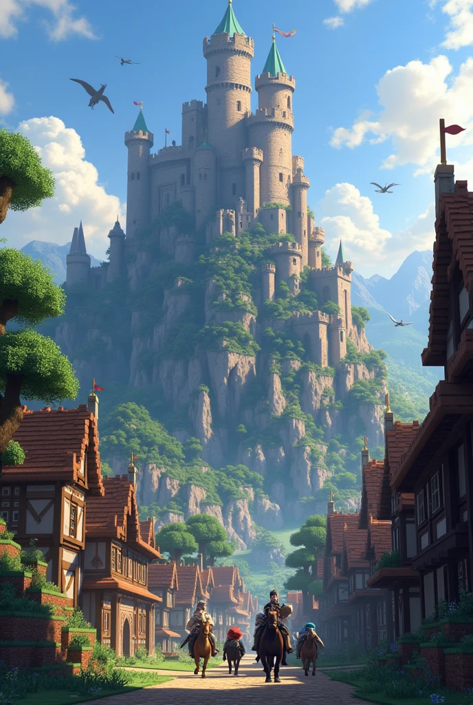 A group of players in a medieval village in a world with dragons as their currency and many other mythological creatures in minecraft in an epic adventure with an epic castle on the mountain with dragons surrounded by players riding dragons