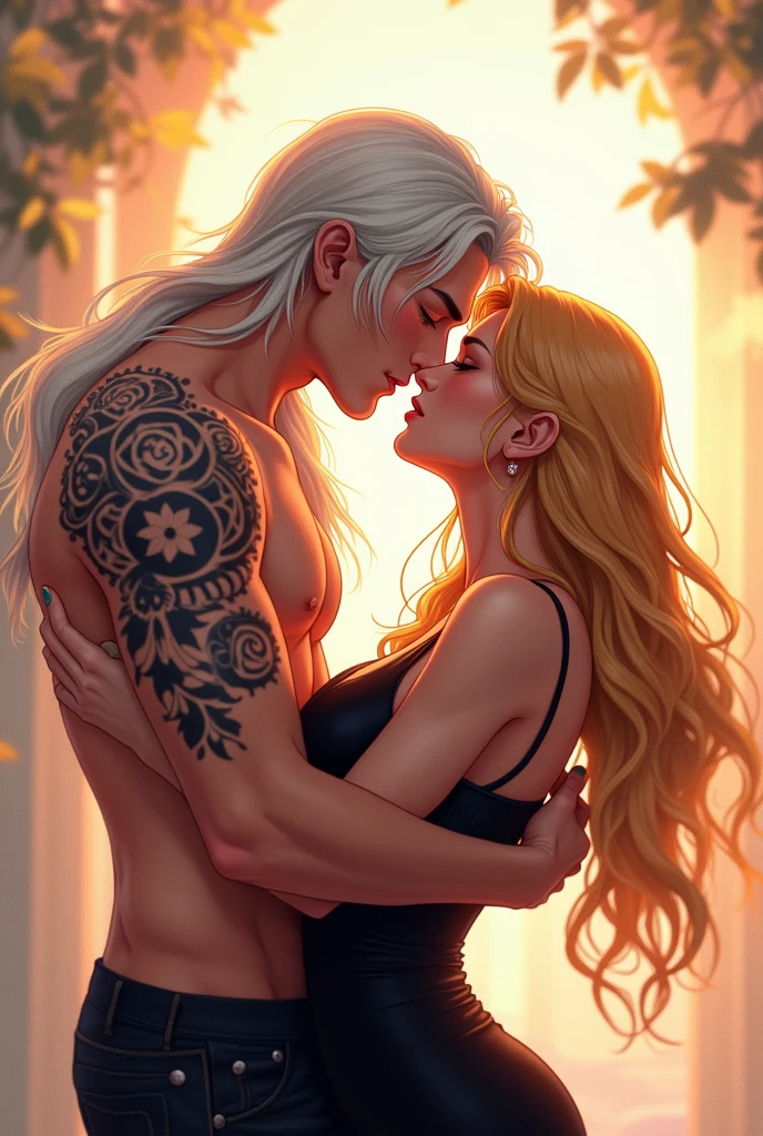 I would like an anime-style image of a couple consisting of a man with long platinum hair and a tattoo kissing a woman with long golden hair and a black dress.