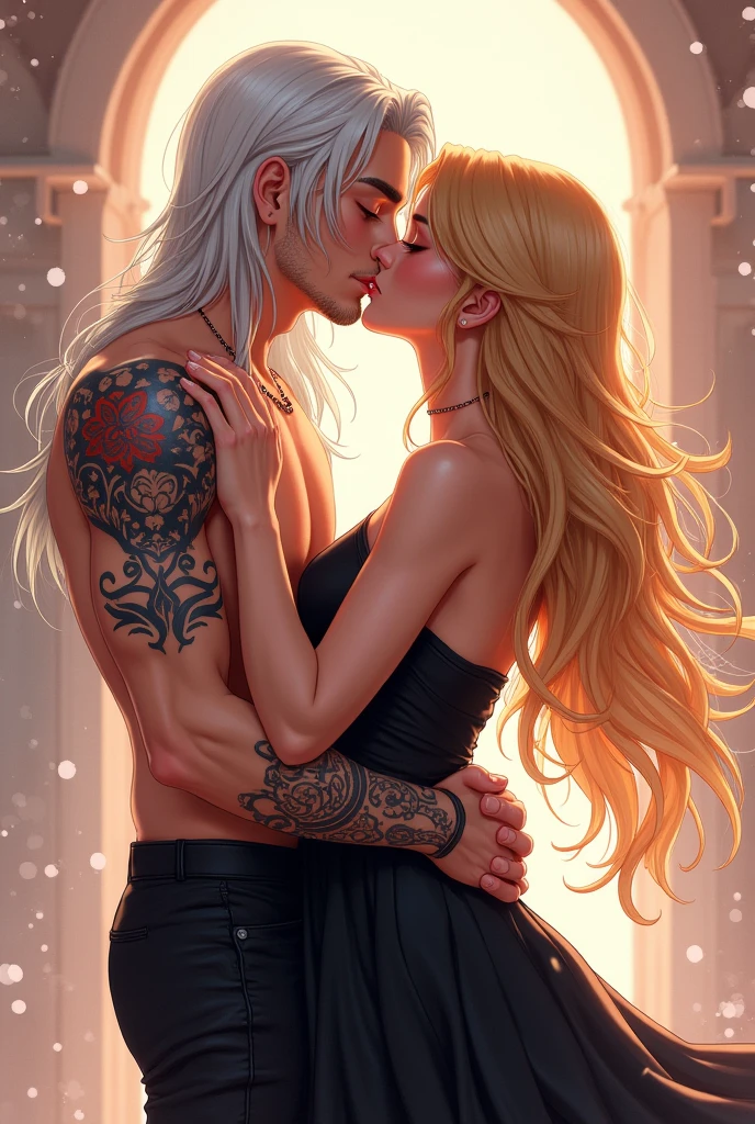 I would like an anime-style image of a couple consisting of a man with long platinum hair and a tattoo kissing a woman with long golden hair and a black dress.