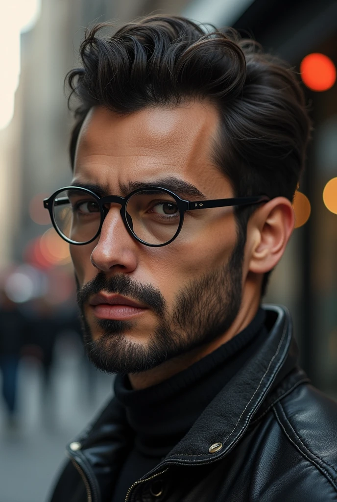 tall Brazilian man with round glasses with a well-groomed beard and very short dark hair, quite attractive