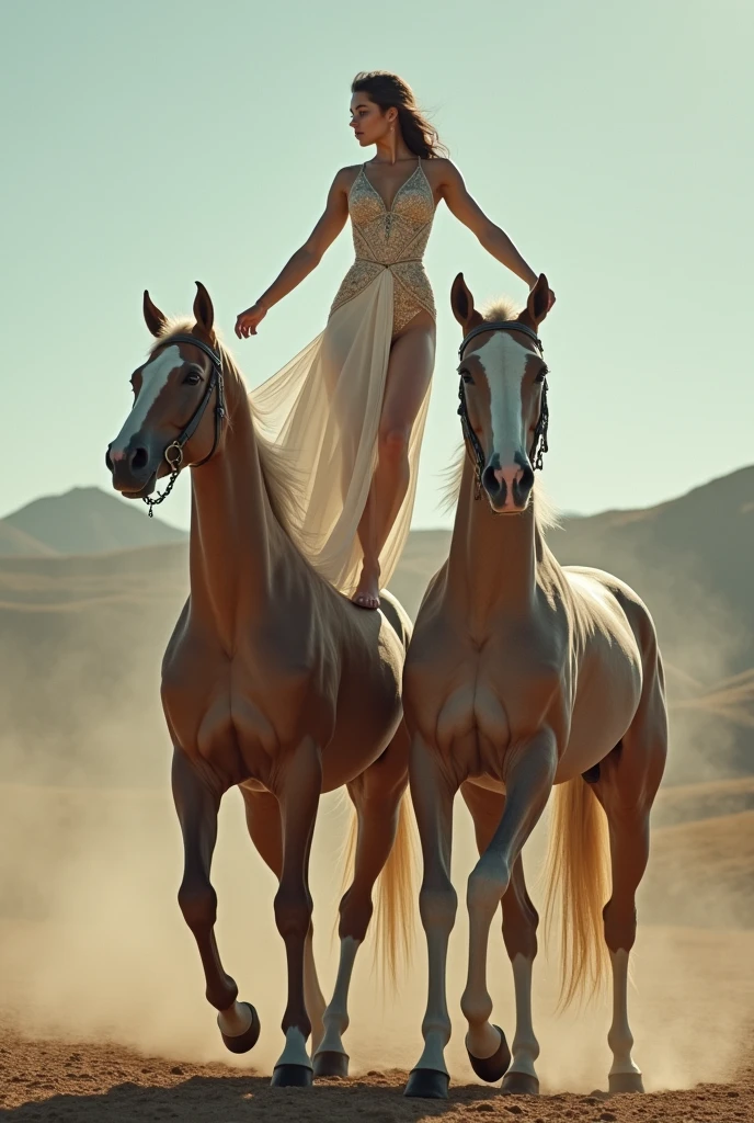A woman is squatting on the backs of two horses, one foot rests on the back of one horse the other foot rests on the back of the other