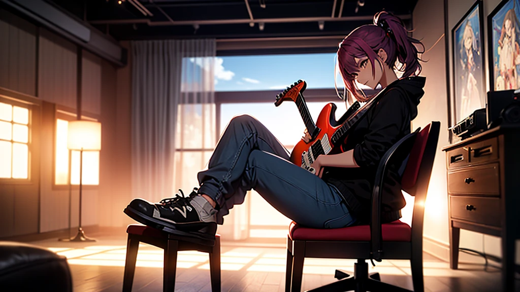 a girl playing electric guitar on chair,anime style,punk style clothes,youthful wide pants,profile position,in her room,silhouette,best quality,4k,8k,highres,masterpiece:1.2,ultra-detailed,realistic,photorealistic,photo-realistic:1.37,HDR,UHD,studio lighting,ultra-fine painting,sharp focus,physically-based rendering,extreme detail description,professional,vivid colors,bokeh