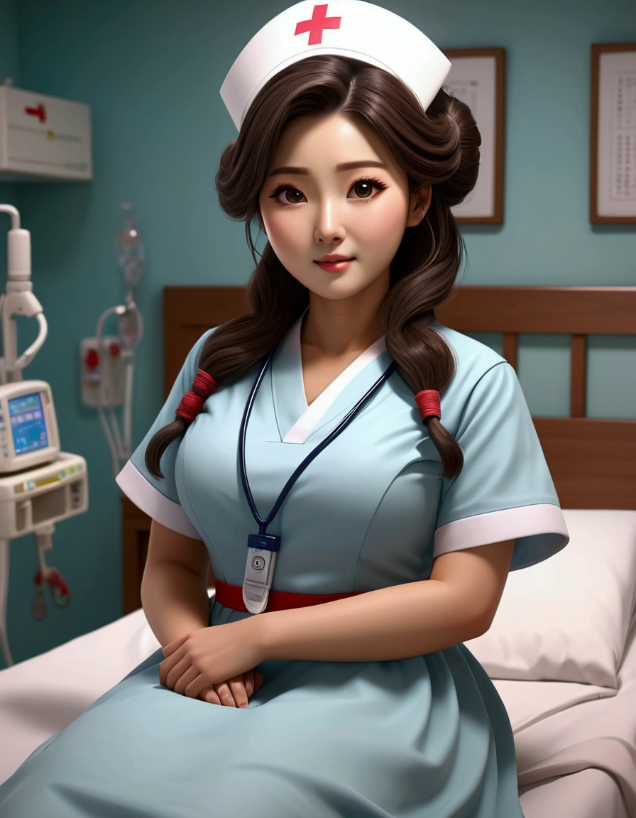 3d Animate style A cozy hospital room with soft lighting. A nurse, cute Korean woman Lovely very large breasts wearing a traditional uniform, is sitting beside a hospital bed. Pappu, a mischievous  man with a playful expression, is standing nearby. The atmosphere is light and casual.

INFO
