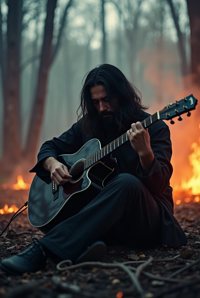 A long-haired man with his face hidden by his hair playing a black guitar in a burnt forest with embers on the ground at dusk with a thin cloud of smoke