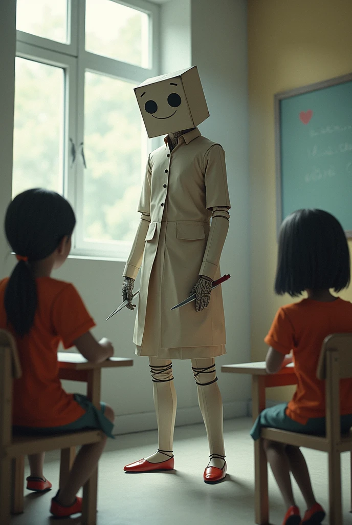 Miss Blomie made of paper, a paper teacher who has a blade instead of an arm that kills students who get low grades but DOES NOT kill those who get high grades but for no reason at all when she kills them a day later they REVIVE a student who got low grades the school, the students and the teachers are made of paper too