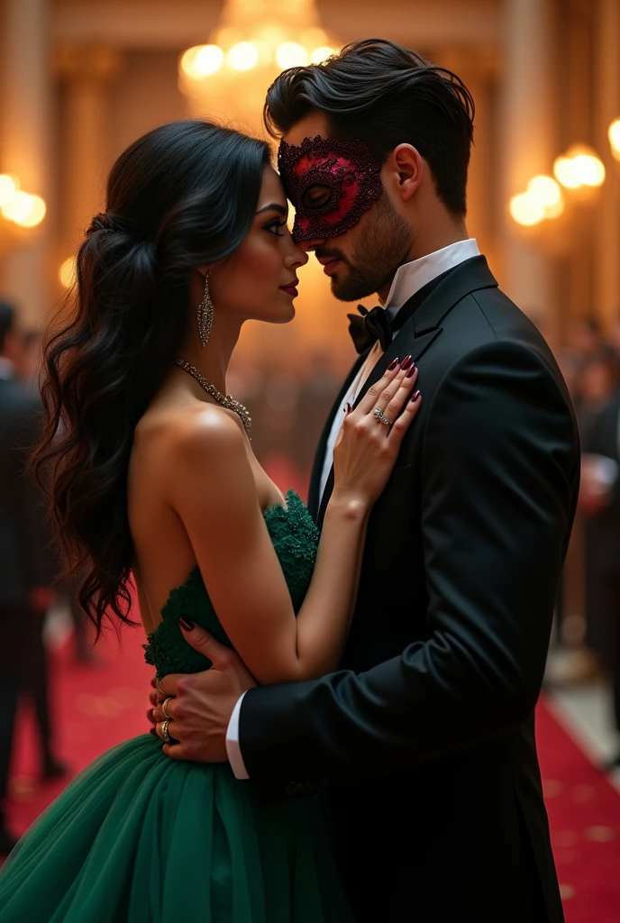 - A couple at a masquerade ball.
- The woman has wine-colored, almost black hair, dark shaped eyes, has a nice body, not too thin or too fat,loose hair with waves.wine nails and wears a dark emerald green dress with a black mask with lace.
- The man is tall, brawny, most marked face, with dark hair, blue eyes and wears a black suit with a wine colored mask.
- The scene must show them full body, looking at yourself, with the man presenting a darker aspect.
Wine-colored hair that is almost black and he doesn't have a beard , She is not too skinny nor too fat, it's standard.