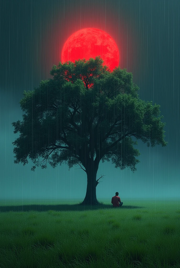 a green field, shining black sky, red sun,a man sitting under a big tree shadow,heavy raining.