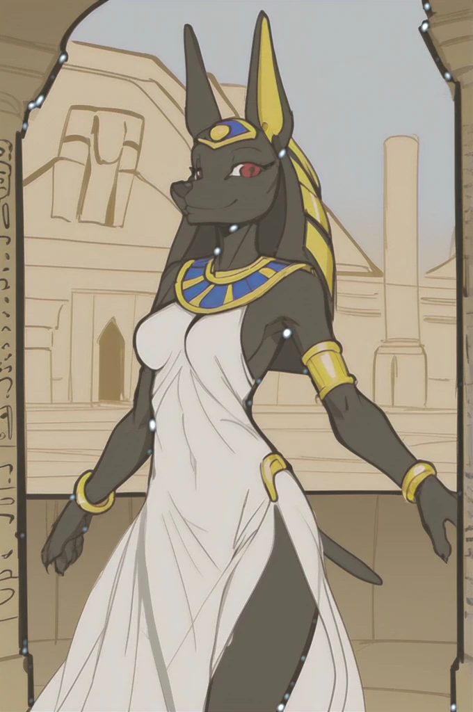 masterpiece, best quality, 1girl, anubis, red eyes, furry, smile, animal ears, gold bracelet, furry female, horny, white sexy dress, sketch, standing, egyptian temple background 