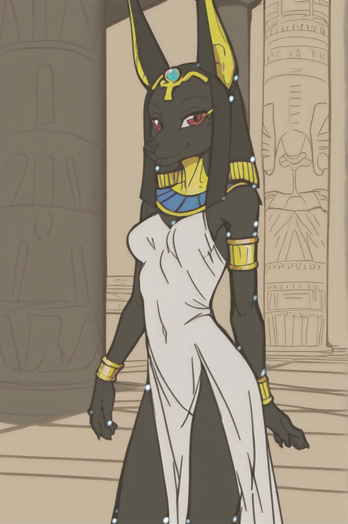 masterpiece, best quality, 1girl, anubis, red eyes, furry, smile, animal ears, gold bracelet, furry female, horny, white sexy dress, sketch, standing, egyptian temple background