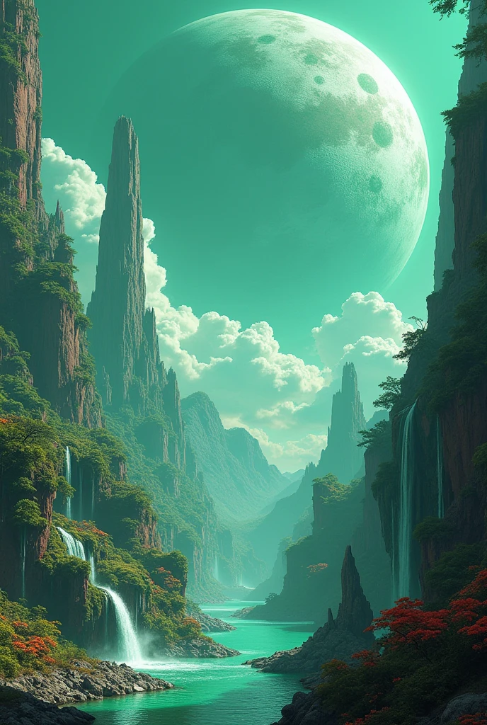 close-up of a futuristic landscape with a giant planet in the background, Highly detailed 4K digital art, stunning artwork in 8k, Epic fantasy sci-fi illustration, fractal thunder dan mumford, Epic fairytale fantasy landscape, Detailed 4k digital art, sci-fi digital art illustration, 8K HD Wallpapers Digital Art, Fantastic Planet, Epic fantasy in digital art style, in acid green tones, 7680 x 4320