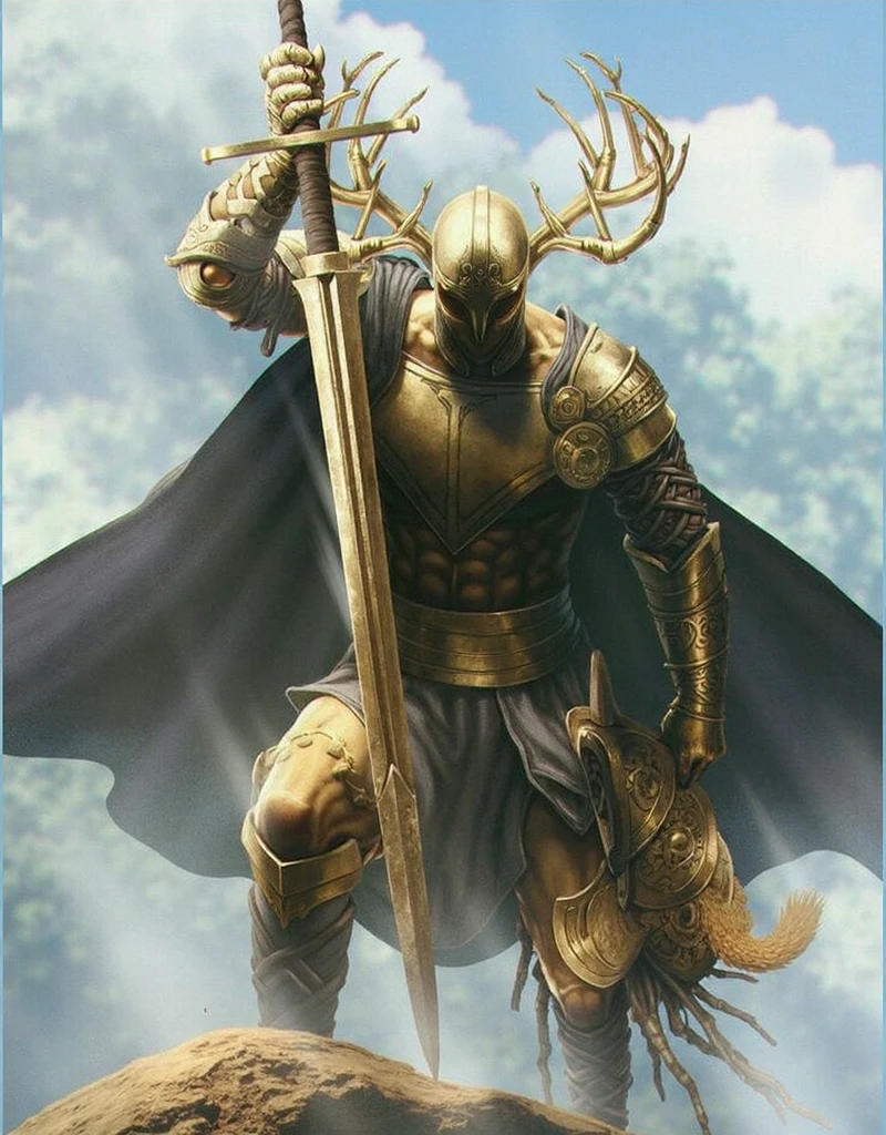 Make a Paladin Mouse for RPG, he uses a hazel shield, a sword made of a needle, and a helmet of branches, he wears a blue cape