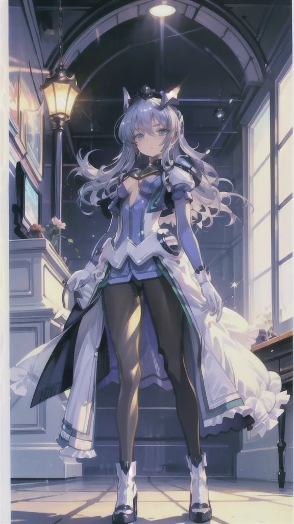 Highest quality,symphony_sugar,Light blue hair,Dark blue eyes,hair ornaments,Long Hair,White Long_gloves,light blue short dress,Black Pantyhose,High heels, ,Show me your boots,gloves,elegant, 1 person, cute, Blushed, Looking at the audience, From below, prison,Beautiful Eyes, Beautiful background, Particles of light, Light of the sun, Dramatic lighting, outside, Shiny, Realistic, Highest quality, Very detailed, Get used to it, scenery, Beautiful and detailed, Thin Hair,Full Body Shot,