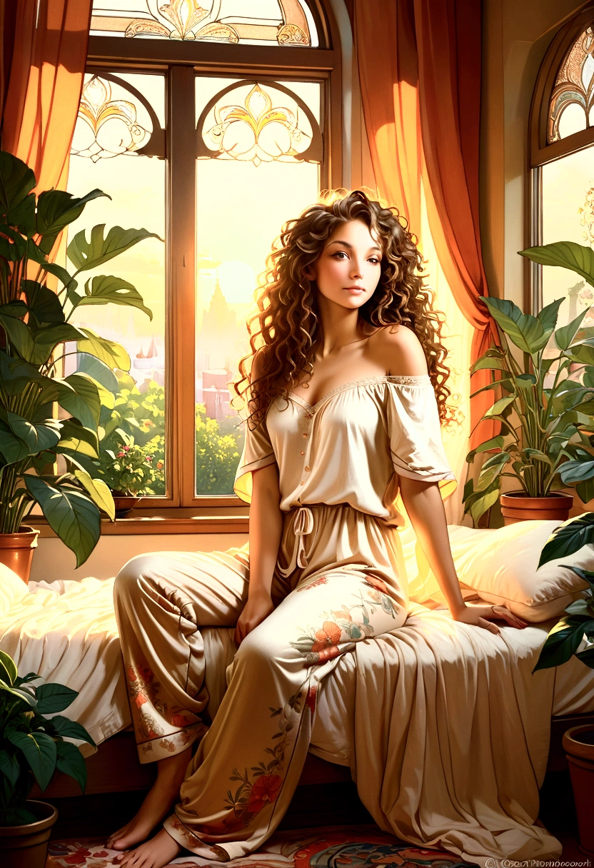 (photorealism:1.2), beautiful woman, sitting on bed, wearing loose off-shoulder top, pajama pants, long curly hair, indoors, soft lighting, plants in background, window with sunlight, cozy room, relaxed pose, realistic, intricate details, warm colors, by Greg Rutkowski, by Alphonse Mucha