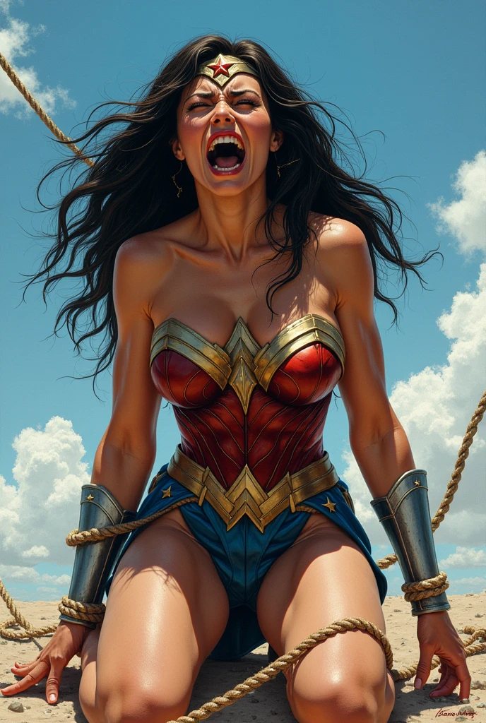 wonder woman , on her knees, fullbody! Expression of fear, expression of despair, terrified. Bondage, submission, tied with ropes. screaming in pain, suffering a lot, destroyed, HUMILIATED, captured , sunny day, blue sky