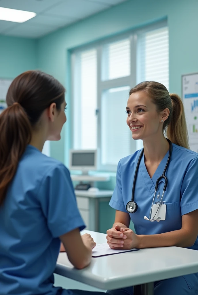 Two female nurses interviewing each other