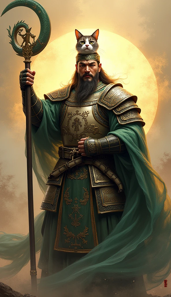 A majestic portrait of Guan Yu from The Three Kingdoms, standing tall amidst a subtle gradient of golden light. His robust physique is clad in traditional armor, with the iconic Green Dragon Crescent Blade held aloft in a victorious pose. A peculiar yet intriguing addition: the head of a Maine Coon cat perches atop his helmet, as if a symbol of his unwavering strength and feline-like cunning.