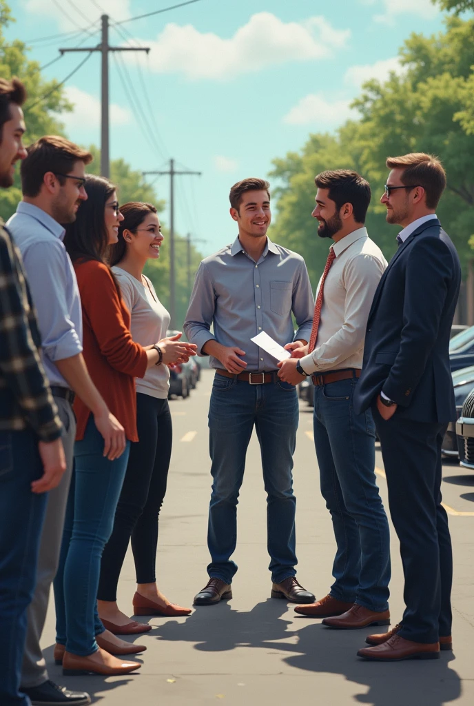 Many drivers on the Indrive platform dressed casually, meeting with 3 executives of the company, There are two male and one female executives, in a parking lot delivering a petition, Executives are getting it