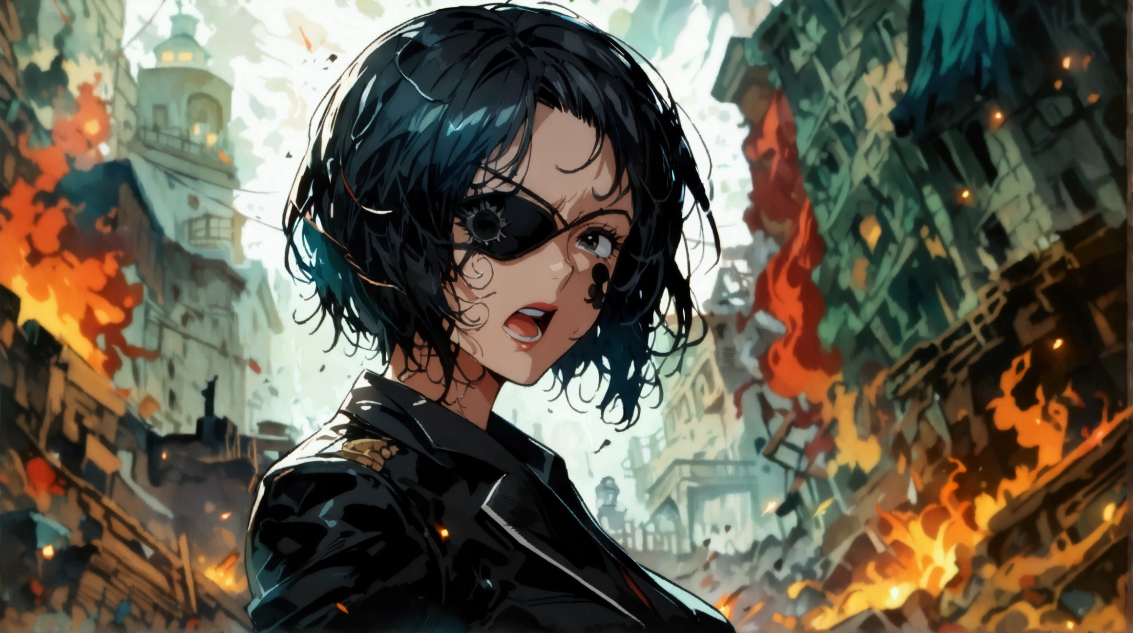 Woman,short black hair,black eyes,eye patch,wearing black suit,excited expression,destruction scene,((Intricate anime character design inspired by One Piece)),((Stunning lighting)),((Fine lines)),((Stunning focus)),((Centered character)),((Stunning face)),((Detailed focus)),((Detailed background)),((Ultra-fine 2D design)),((Creative backdrop)),((2D masterpiece)),((Best quality)),((8K anime style)),((Full body))