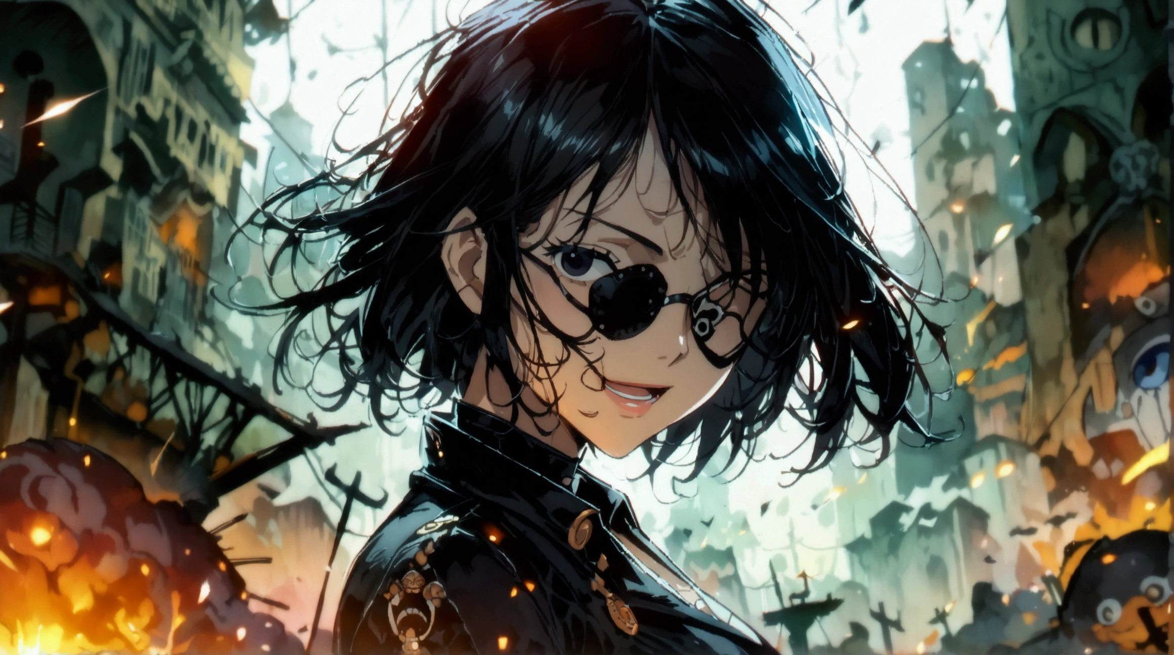 Woman,short black hair,black eyes,eye patch,wearing black suit,excited expression,destruction scene,((Intricate anime character design inspired by One Piece)),((Stunning lighting)),((Fine lines)),((Stunning focus)),((Centered character)),((Stunning face)),((Detailed focus)),((Detailed background)),((Ultra-fine 2D design)),((Creative backdrop)),((2D masterpiece)),((Best quality)),((8K anime style)),((Full body))