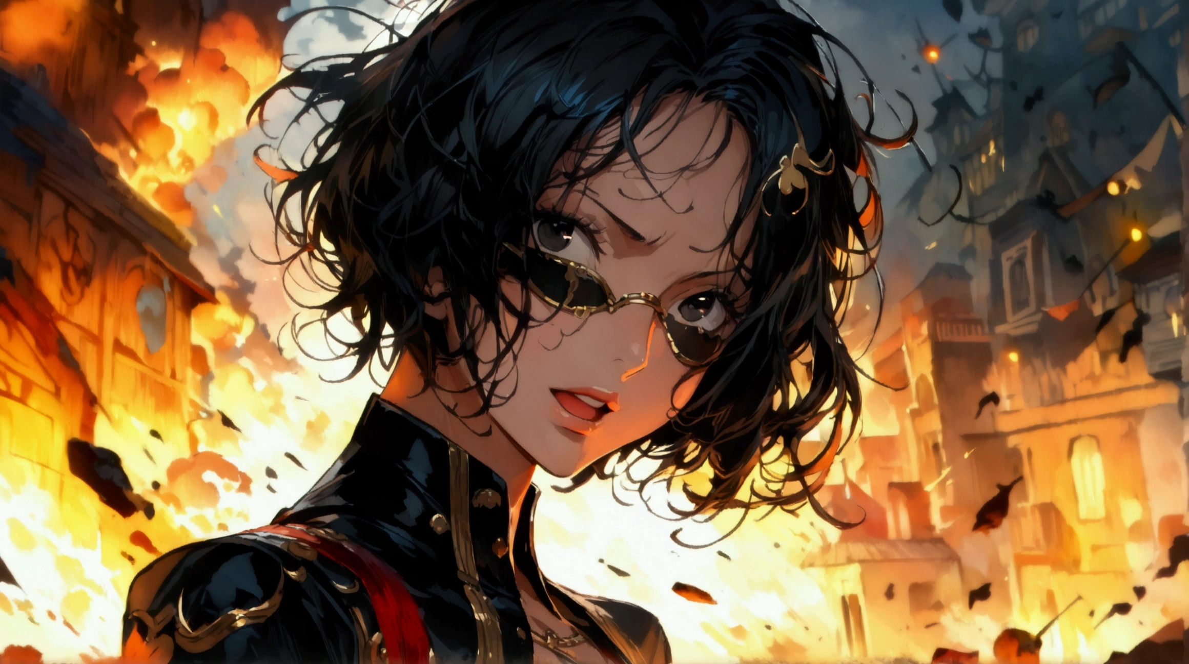 Woman,short black hair,black eyes,eye patch,wearing black suit,excited expression,destruction scene,((Intricate anime character design inspired by One Piece)),((Stunning lighting)),((Fine lines)),((Stunning focus)),((Centered character)),((Stunning face)),((Detailed focus)),((Detailed background)),((Ultra-fine 2D design)),((Creative backdrop)),((2D masterpiece)),((Best quality)),((8K anime style)),((Full body))