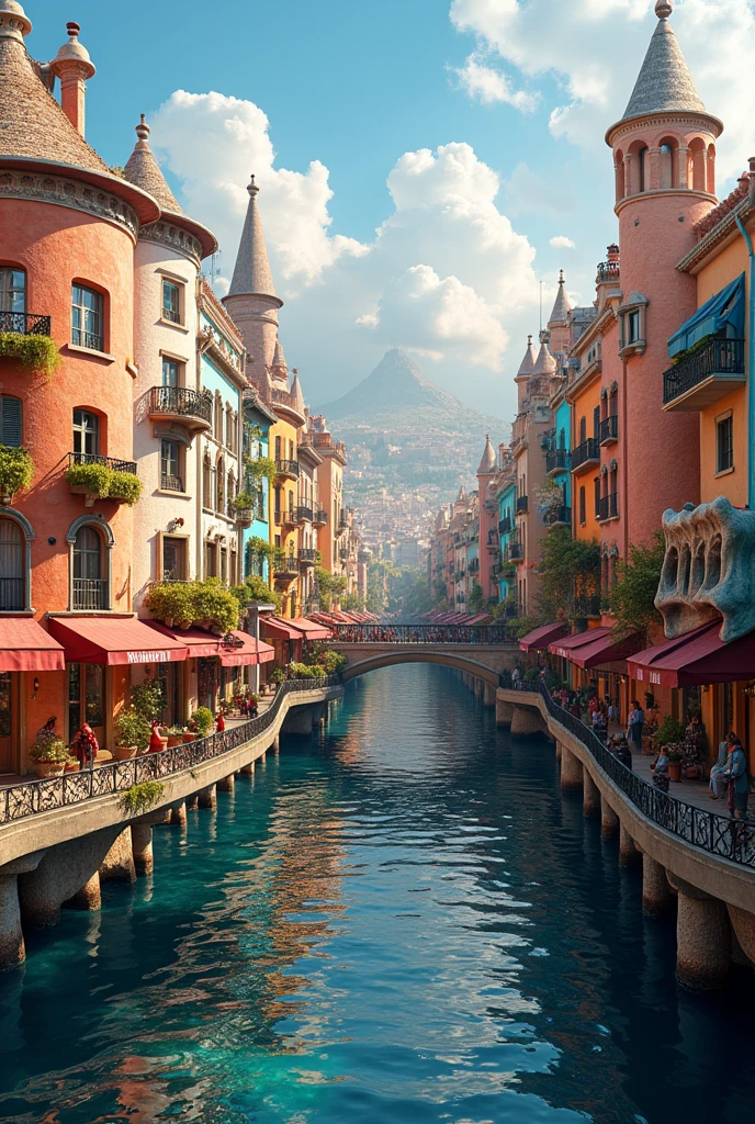 City full of water, with taller buildings,  southern european style, several colorful Barcelona-style buildings and similar Galdi sculptures around the city.
Beautiful lights illuminating the city streets. 