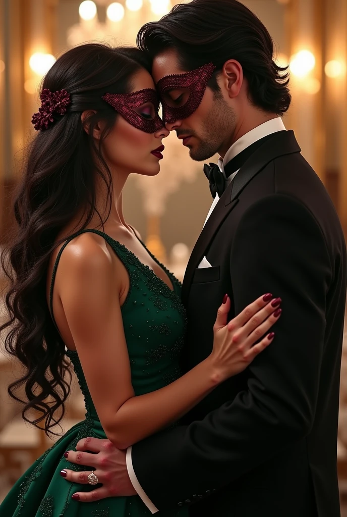 - A couple at a masquerade ball.
- The woman has wine-colored, almost black hair, dark shaped eyes, has a nice body, not too thin or too fat,loose hair with waves.wine nails and wears a dark emerald green dress with a black mask with lace.
- The man is tall, brawny, most marked face, with dark hair, blue eyes and wears a black suit with a wine colored mask.
- The scene must show them full body, looking at yourself, with the man presenting a darker aspect.

Wine-colored hair that is almost black and he doesn&#39;t have a beard , She is not too skinny nor too fat, it&#39;s standard. 