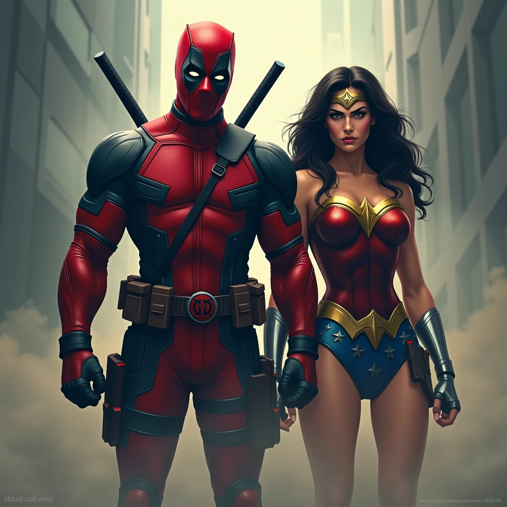 deadpool and wonder woman, detailed illustration, cinematic, coming out of a thick fog, facing the camera, highly detailed, hyper-realistic, 8k, masterpiece, professional, vivid colors, dramatic lighting, comic book style, intense expression, powerful pose, muscular body, wearing red and black costume, swords on back, gritty, moody, atmospheric.