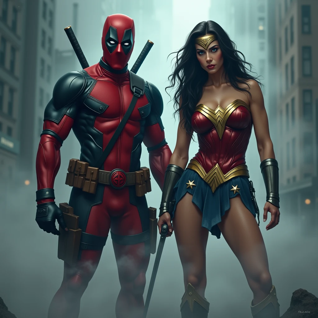 deadpool and wonder woman, detailed illustration, cinematic, coming out of a thick fog, facing the camera, highly detailed, hyper-realistic, 8k, masterpiece, professional, vivid colors, dramatic lighting, comic book style, intense expression, powerful pose, muscular body, wearing red and black costume, swords on back, gritty, moody, atmospheric.