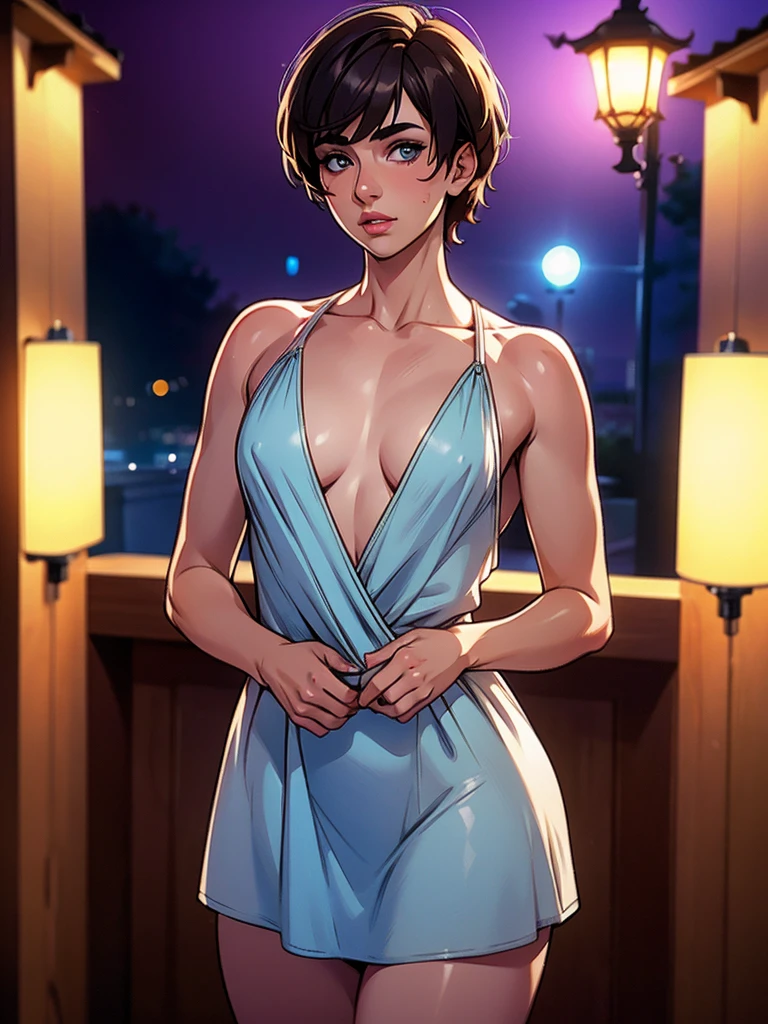 A beautiful introverted European boy wearing a short light plunging dress, thigs, high detail face, high detail skin, small size breasts, 8k, HDR, high resolution, photo-realistic, cinematic lighting, depth of field, bokeh, rim lighting, backlit, cool colors, night, 8K