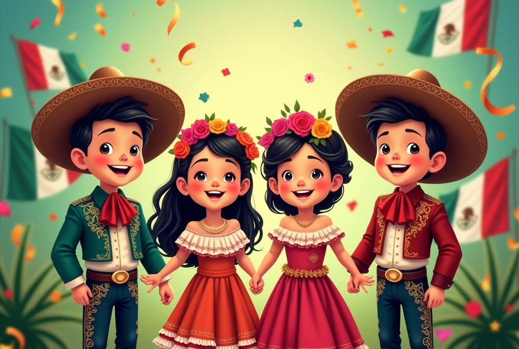 4 cute little kids looking forward in traditional Mexican independence clothing, Boys dressed as charros and girls dressed as adelitas, celebrating on green gradient background, confetti and mexican flags, a mexican party