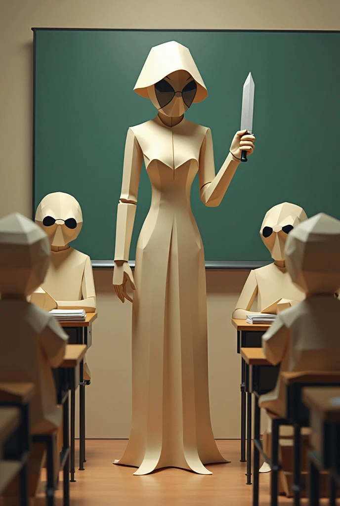 Miss Blomie made of paper, a paper teacher who has a blade instead of an arm that kills students who get low grades but DOES NOT kill those who get high grades but for no reason at all when she kills them a day later they REVIVE a student who got low grades the school, the students and the teachers are made of paper too