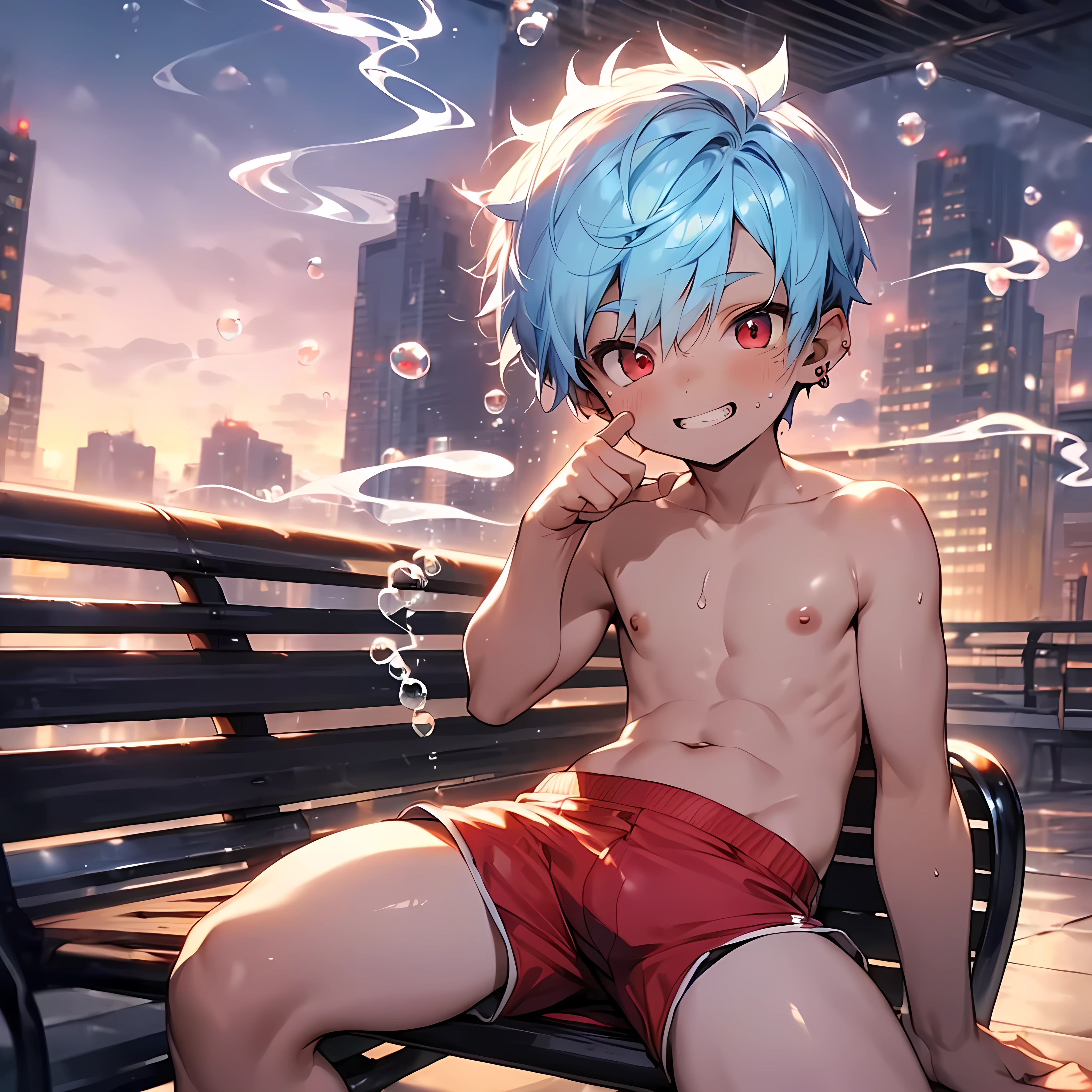(solo:2), (boldline:-1.8), (smoke:1.6), (arched back:1.2), (((bubble))), (index finger under mouth:1.4), (sitting on bench:1.5), (spread legs:1.5), (((fang))), (((best finger))), (((best hands))), (((best arms))), (((best legs))), BREAK (best quality:1.5), (absolutely resolution:1.5), (ultra detailed:1.5), (masterpiece:1.5), (perfect face), (detailed face), (detailed eyes), (best eyes), (cute face), (shota:2), BREAK (topless:1.5), BREAK (red short pants:1.5), (bulge:1.6), (skinny:1.3), (spiked hair), BREAK (light blue hair:1.5), (wine red eyes:1.4), (eyes with highlight:1.6), ((mole under eye)), (sweaty skin), (light skin), (grin:1.5), ((earrings)), (shiny skin:1.3), BREAK (garden), (building:1.5), (at twilight:1.5), (frontlight), ((wind blowing)), ((nipple)), (abs), (groin),