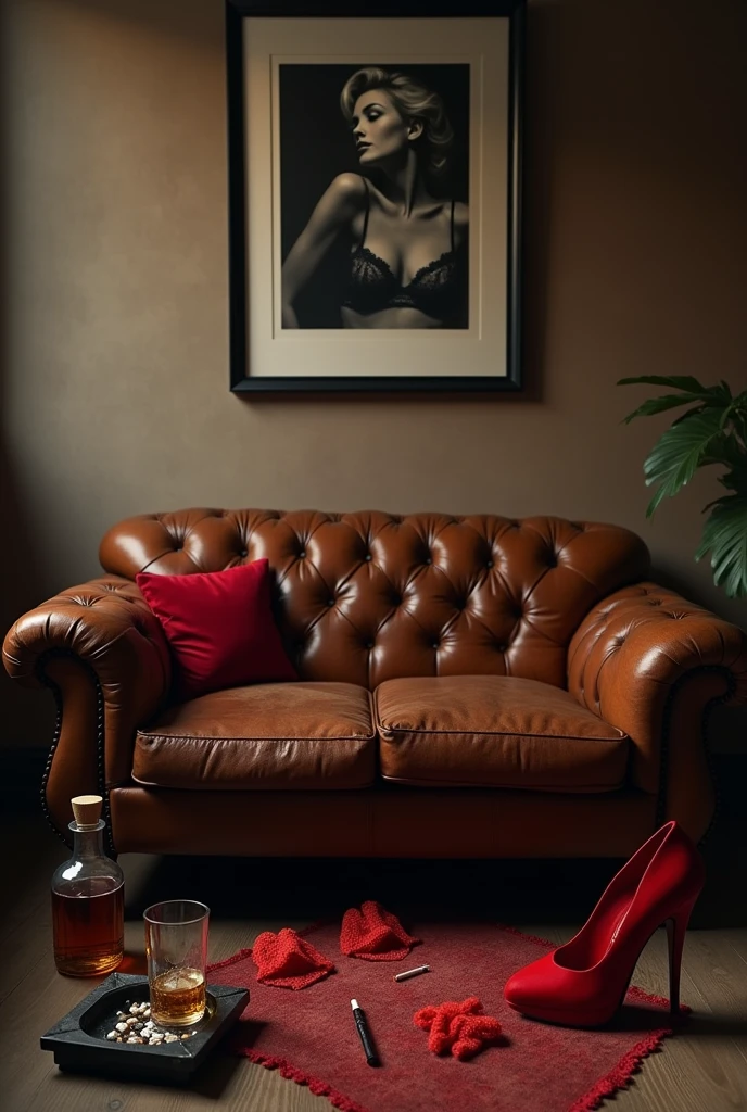 A well-lit room with a vintage, expensive leather sofa, slightly worn, in a deep brown color. On the sofa, there's a casually tossed set of red lace lingerie, a half-empty bottle of whiskey, a glass filled with whiskey and ice, an ashtray with cigarette butts, and one red high-heeled shoe, creating a scene of quiet, lingering decadence. The lighting is soft but sufficient to illuminate the entire scene, especially highlighting the large black-and-white photograph (120x80 cm) in a thin black frame hanging horizontally on the wall above the sofa. The photograph is clearly visible, contributing to the overall atmosphere.