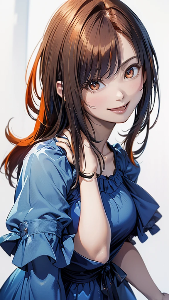 (Best Quality, 8K, Oil Painting, masutepiece:1.2), Ultra-detailed, (Realistic, Photorealistic:1.37), (((bustshot)))、(((bright orange hair)))、(((Wearing a gorgeous blue dress)))、(((upperbody shot)))、(((wearing a blue dress)))、(((20Women of a certain age)))、(((wearing a blue dress)))、 (((Vermilion hair)))、(((semi long hair)))、((( White background)))、(((Girly Hairstyles)))、(((Wearing a luxurious dress)))、(((In front of a white wall)))、(((A smile)))、(((Nothing on the top of the head)))、(((I'm smiling with my mouth open)))、(((Big mouth open)))、