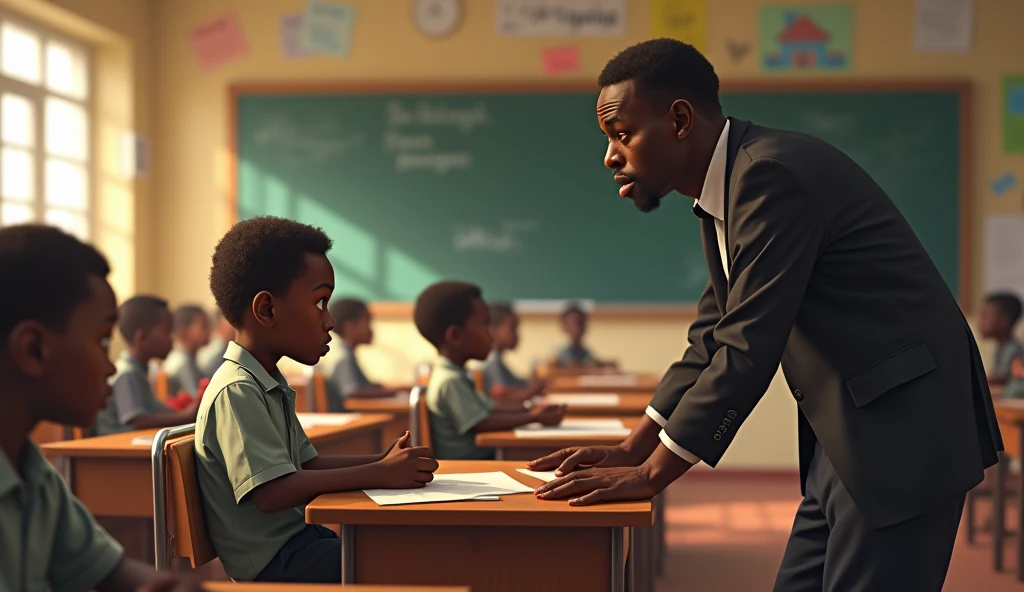 A teacher scolds a Burkinabe boy student sitting on his desk at school