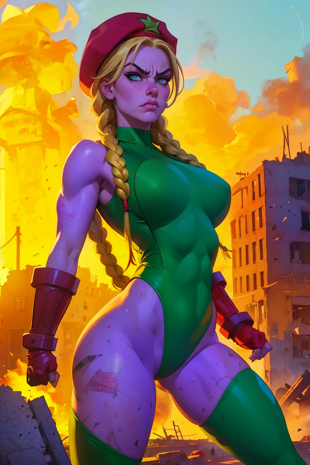 estilo GTA, tela de carregamento GTA, GTA art, Retrato de Cammy White with a muscular build, wearing a green, form-fitting bodysuit. In Dynamic fight pose, She has long blonde hair styled in two braids, a red beret, and red gloves. , ((angry facial expression)), altamente detalhado, rosto detalhado, epic, high definition shooting, retrato digital, Lindo, Art Station, comiс style, ((hot body, hot girl, sensual, sexy)), comic, ((a destroyed city background, fogo, smoke, blast)).