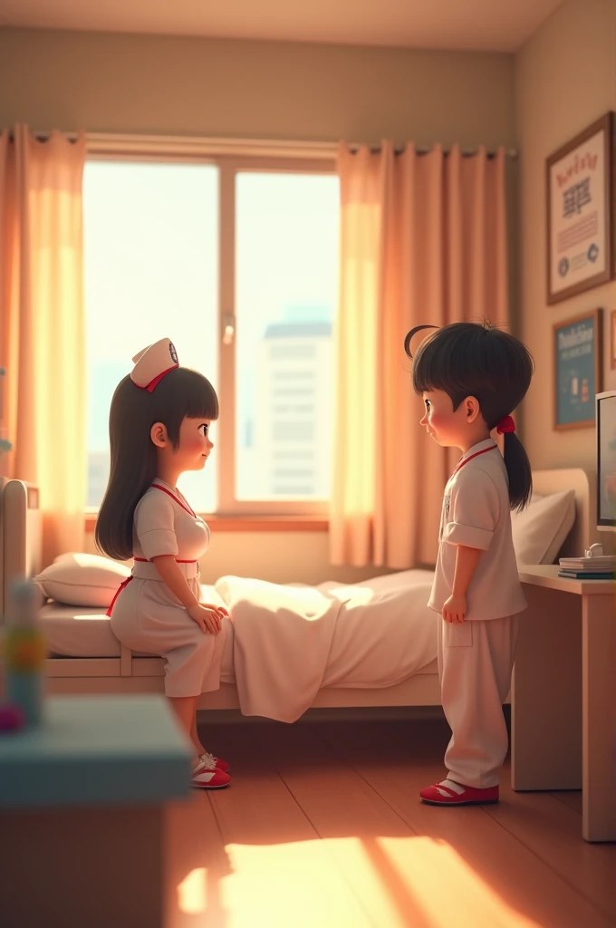 3d Animate style A cozy hospital room with soft lighting. A nurse, cute Korean woman Lovely very large breasts wearing a traditional uniform, is sitting beside a hospital bed. Pappu, a mischievous man with a playful expression, is standing nearby. The atmosphere is light and casual.