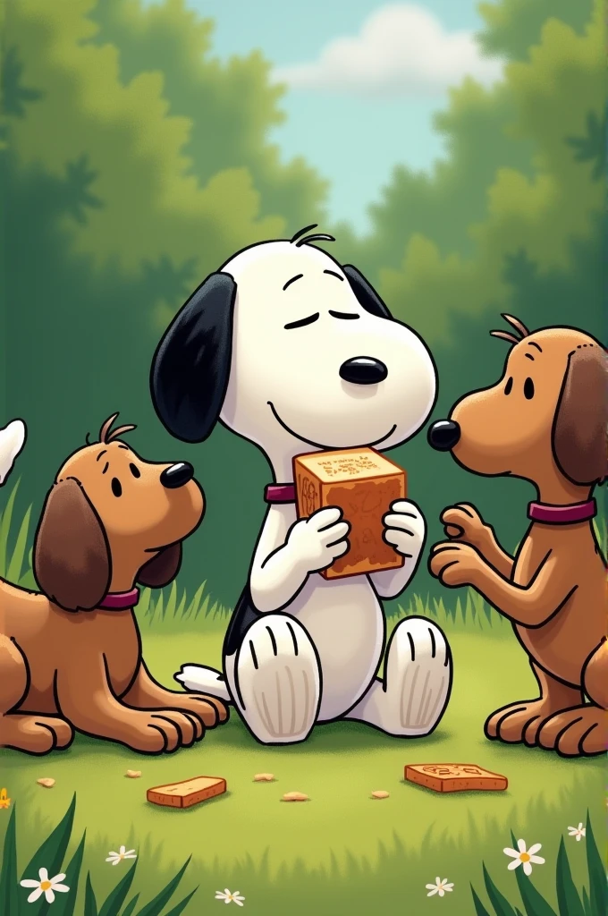 Snoopy eating a sandwich while its playing with three big dogs