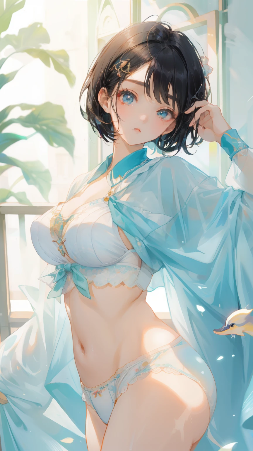 masterpiece, best quality,absurdres,high school girl、18-year-old、Very Short Hair、Black Hair、Dolphin hairpin、Big Breasts、White underwear、I'm in a bad mood、(Grabbing a male student by his tie:1.5)、