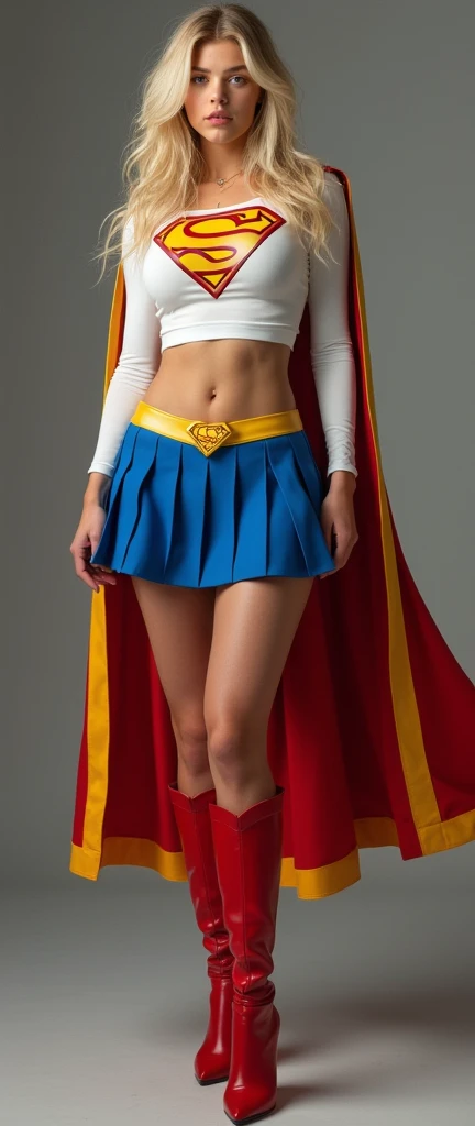 A FULL BODY VIEW OF A SEXY TEEN FEMALE WITH (GIGANTIC BREASTS:9.8) DREAMY BLUE EYES AND MEDIUM MESSY GOLDEN BLONDE HAIR WEARING A CLASSIC WHITE LONG-SLEEVED CROP=TOP SUPERGIRL COSTUME, A SHORT BLUE PLEATED SKIRT WITH A YELLOW SUPERGIRL BELT, RED HIGH HEELED SUPERGIRL BOOTS, AND SHORT RED SUPERGIRL CAPE WITH YELLOW TRIM. INCREDIBLY DETAILED SKIN, INCREDIBLEY DETAILED FACE, INCREDIDBLEY DETAILED CLOTHING, TEXTURED SKIN PORES, TEXTURED HAIR, 8K ABSURD RESOLUTION, MASTERPIECE.