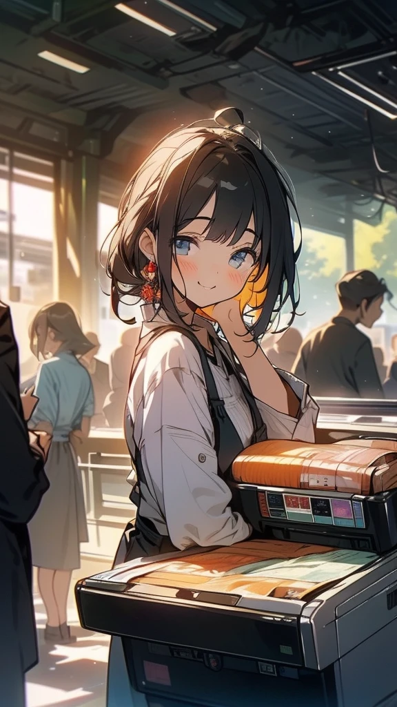 young woman,smile,((Standing inside the cash register)),Touching the cash register machine,Customer Service,((There is a cash register on the table)),(Scanning product barcodes at the cash register)),Each person has one register,Supermarket clerk,Wearing an apron,uniform,((Working as a cashier)),((There are multiple cashiers.)),((cashier,register,)),((Receive money from customers)),There are products on the shelves,In the supermarket,Bright interior,grocery store,There are customers.
