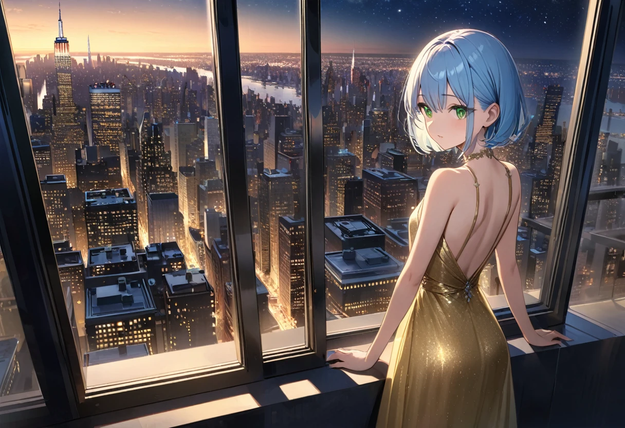 Highest quality、Light blue hair、Short Bob、Deep green eyes,2,,small breast,Golden evening dress、Skyscrapers in New York、Night view、looking outside、Rooftop、Starry Sky、,Late Night