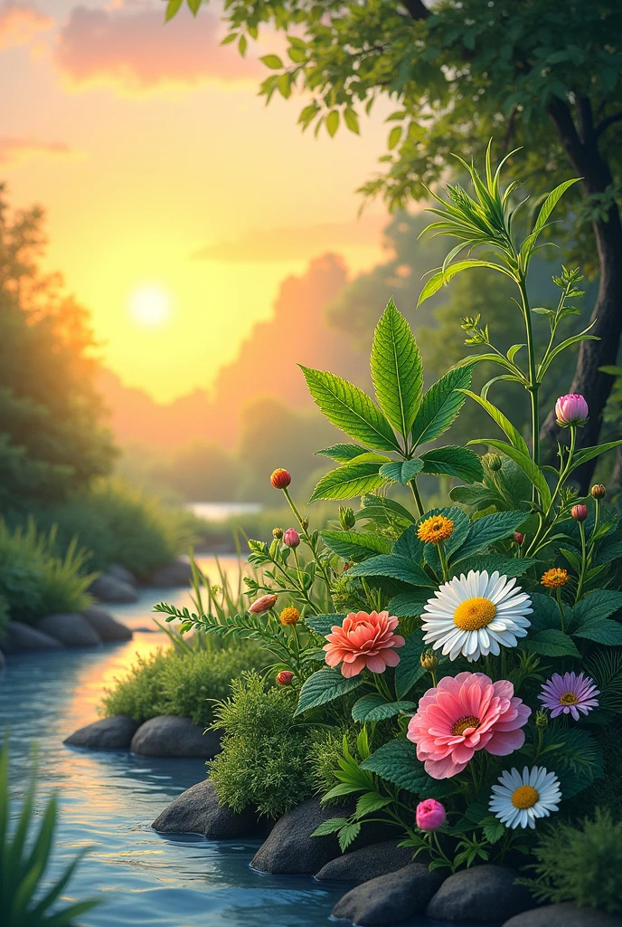 Create an image with a sunset background on one side or a stream, trees or medicinal plants such as mint, eucalyptus, thyme, chamomile, aloe and licorice and flowers.