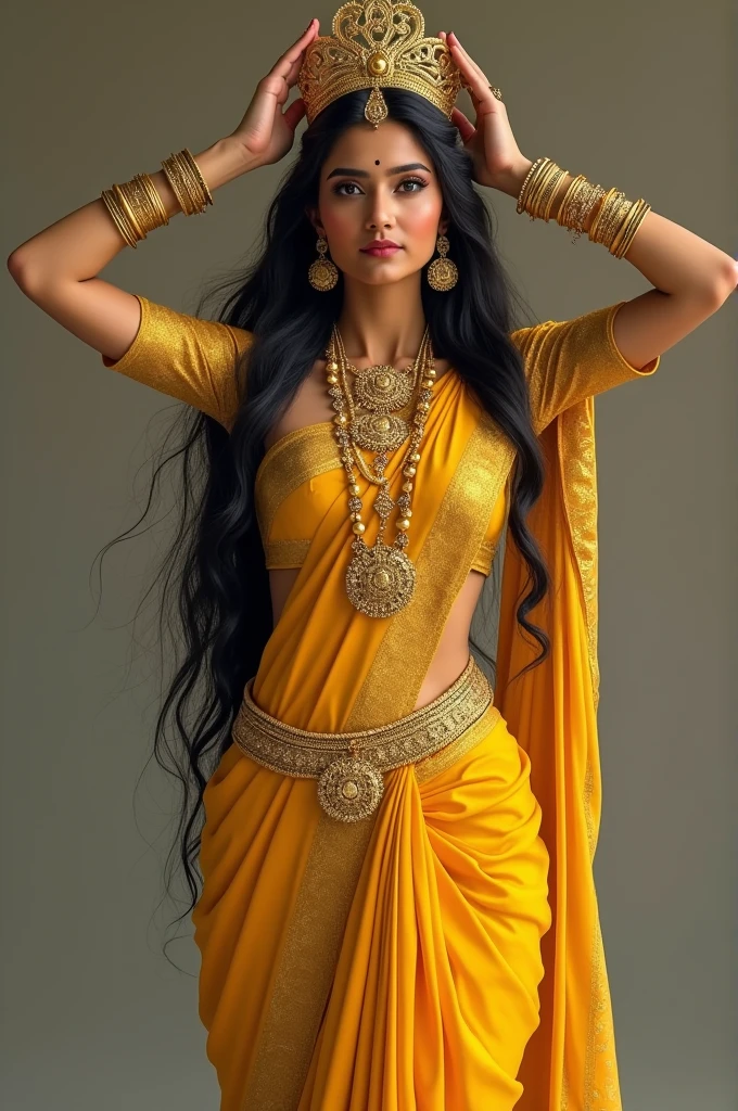 She is wearing a yellow saree She is an Indian woman She has a gold crown She has many gold ornaments She has long hair Her hands are raised to her shoulders Two large gold rings are held in both hands There is also a golden crown.