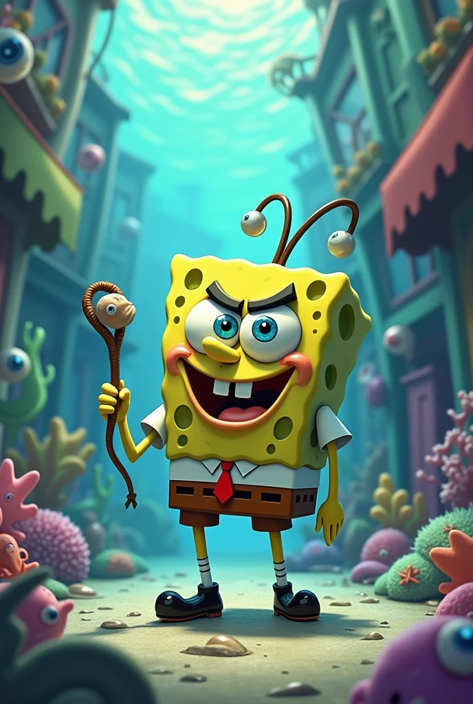 Plankton in Bikini Bottom holding a whip in his hand