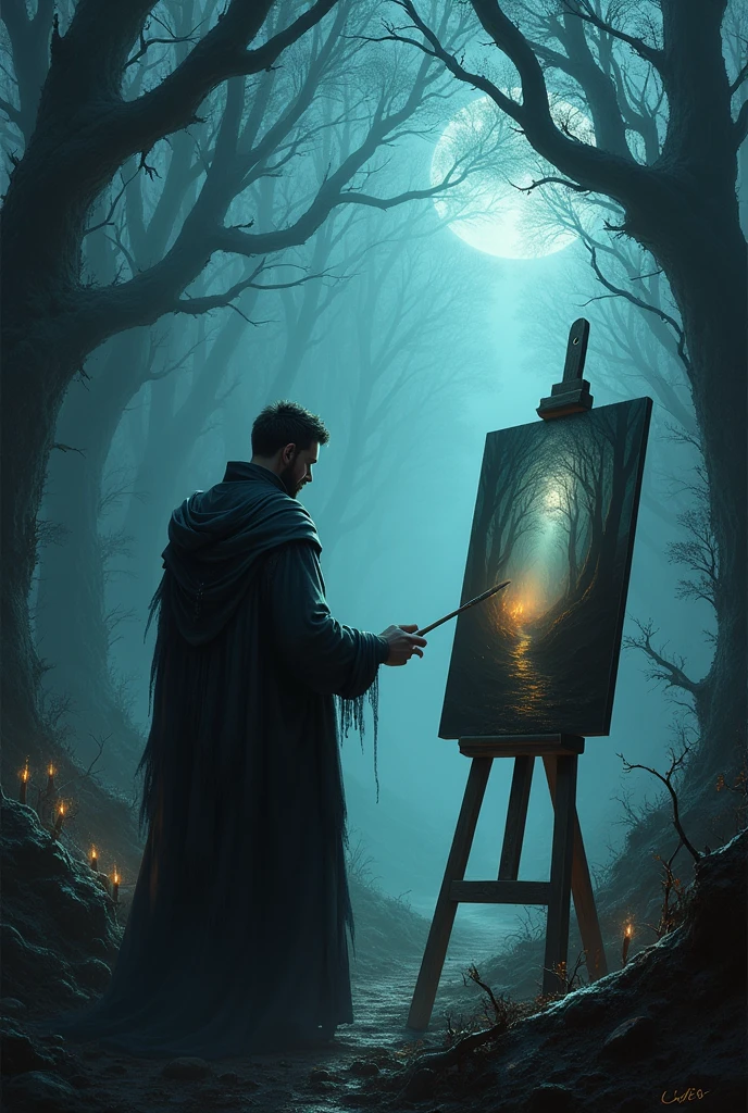 Create a realistic image of a man painting a canvas in a dark fantasy setting. The scene should be set in a mysterious and foreboding natural environment, such as a twisted, ancient forest with gnarled trees, fog-shrouded mountains, or a desolate, shadowy glen. The man should be depicted with focused concentration, working on his painting amidst the eerie surroundings. His canvas might reflect the dark, fantastical elements of the landscape, blending with or contrasting against the ominous background. Use dim, moody lighting and a palette of dark, rich colors to evoke a sense of dark fantasy and create an atmospheric and immersive setting. Incorporate details like faint, otherworldly glows or spectral elements to enhance the surreal and unsettling mood.