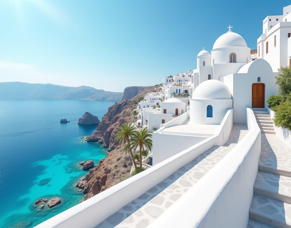 AzureWhiteWonder: Whitewashed buildings, domed churches, turquoise waters, quaint streets, picturesque, vibrant, geometric, harmonious